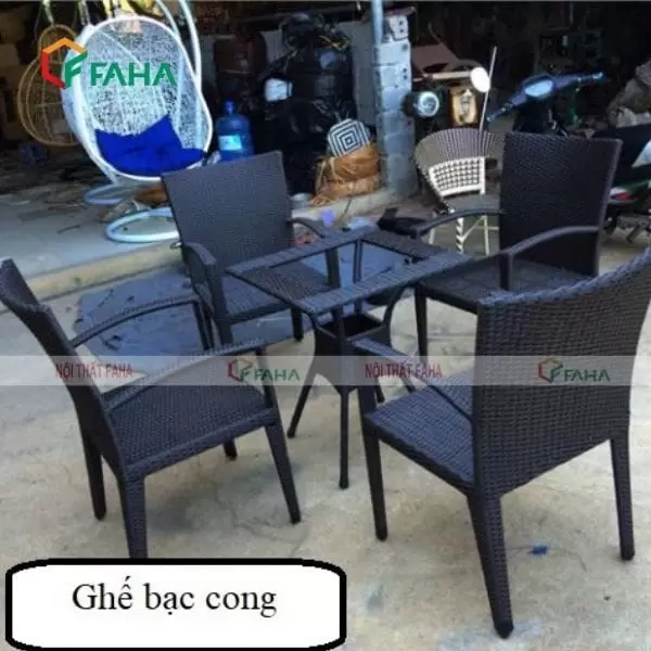 Bộ bàn ghế cafe - Ghế ăn có tay mây nhựa bạc cong MN20