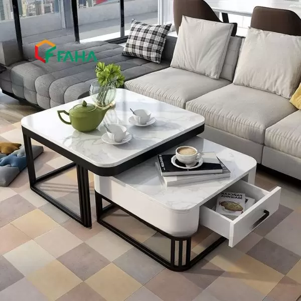 Bàn Trà Sofa Đôi Vuông Mặt Đá 3 Nan Hộp Ngăn Kéo