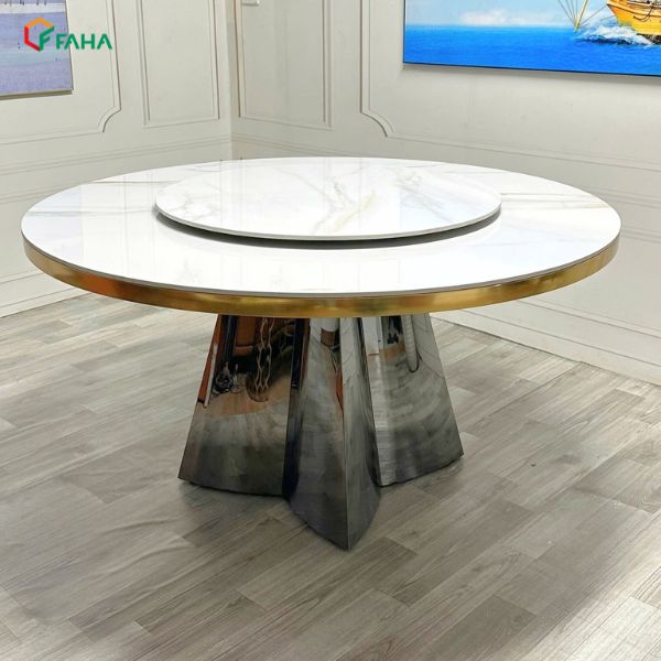 Trang chủ Với kiểu dáng cân đối và phần chân inox mạ titan chắc chắn, BÀN ĂN XOAY TRÒN CÓ VIỀN BỌC INOX MẠ VÀNG D150 BA20 được sử dụng trong nhiều không gian phòng ăn hiện đại.